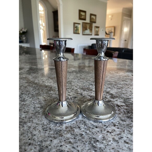IANTHE Pat PDG Made in England Faux Wood & Silver Plate Candle Holders - Picture 2 of 7
